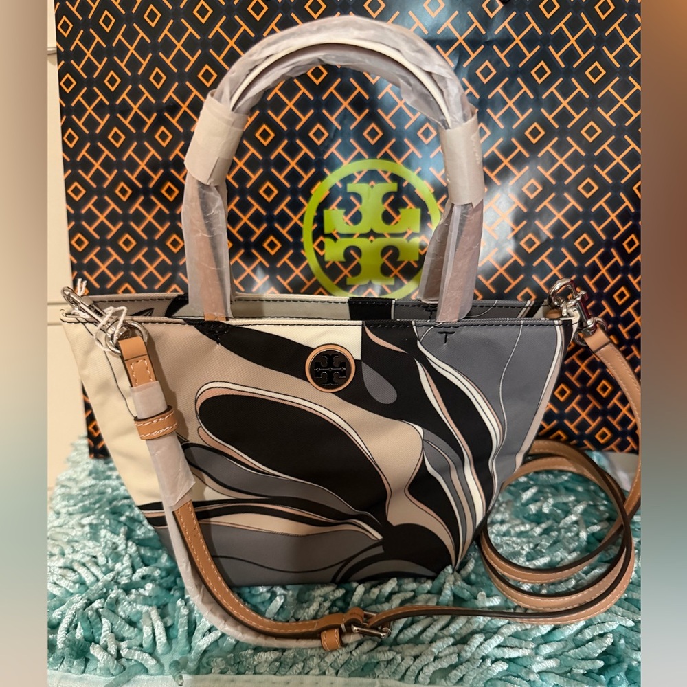 Authentic Tory Burch Nylon Printed Mini Tote  Black Twisty Flower Ella